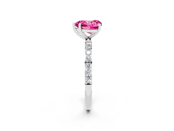 White gold Heart Cut Pink Sapphire Solitaire Ring with Round  Pavé Band and Prong Setting