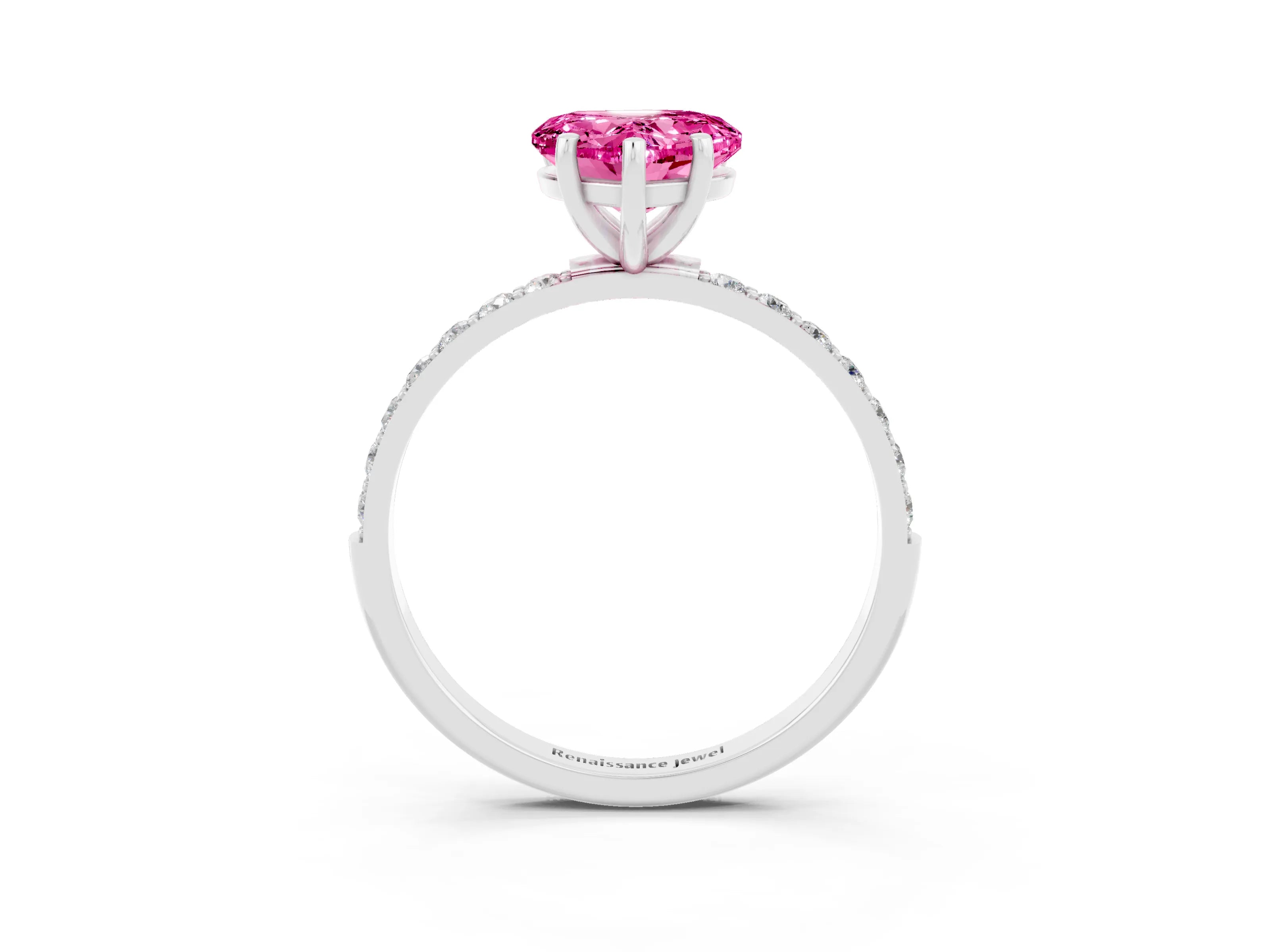 White gold Heart Cut Pink Sapphire Solitaire Ring with Pave Band and Four Prong Setting_51