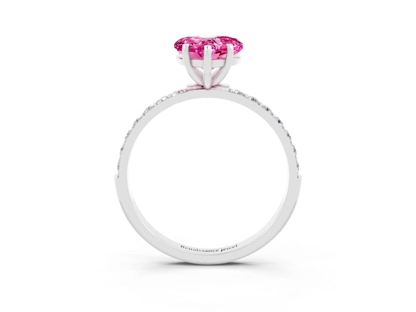 White gold Heart Cut Pink Sapphire Solitaire Ring with Round  Pavé Band and Prong Setting