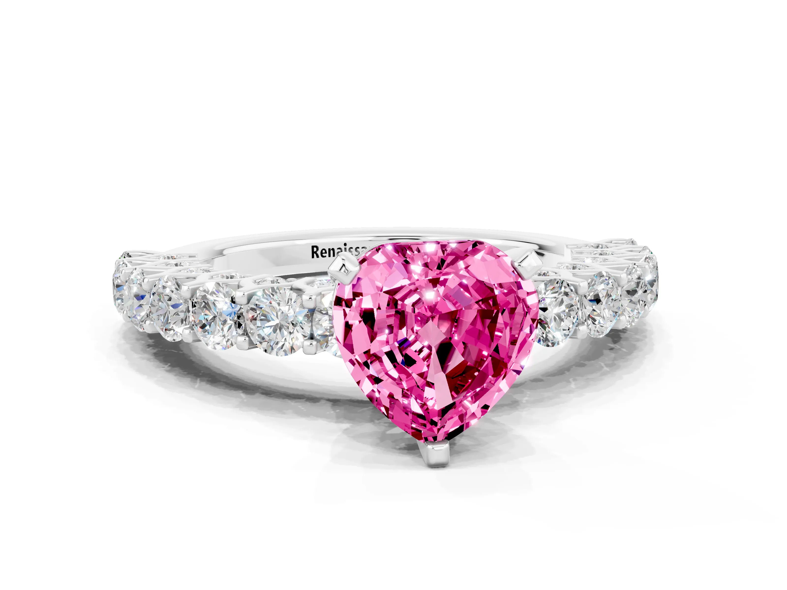 White gold Heart Cut Pink Sapphire Solitaire Ring with Shared Prong Pavé Band and Four-Prong Setting_12