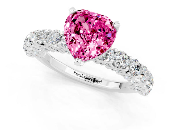 Platinum Heart Cut Pink Sapphire Solitaire Ring with Shared Prong Pavé Band and Four-Prong Setting