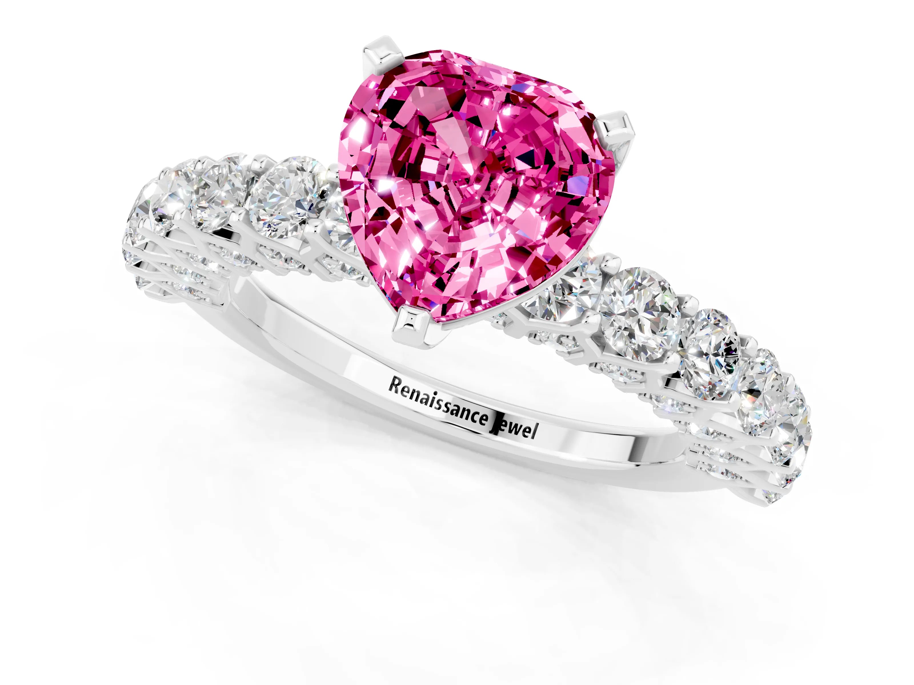White gold Heart Cut Pink Sapphire Solitaire Ring with Shared Prong Pavé Band and Four-Prong Setting_13