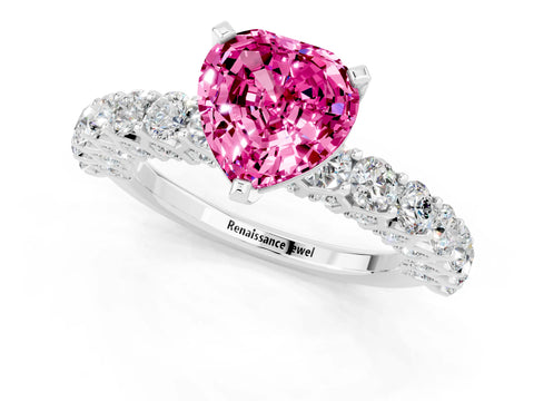 White gold Heart Cut Pink Sapphire Solitaire Ring with Shared Prong Pavé Band and Four-Prong Setting_13