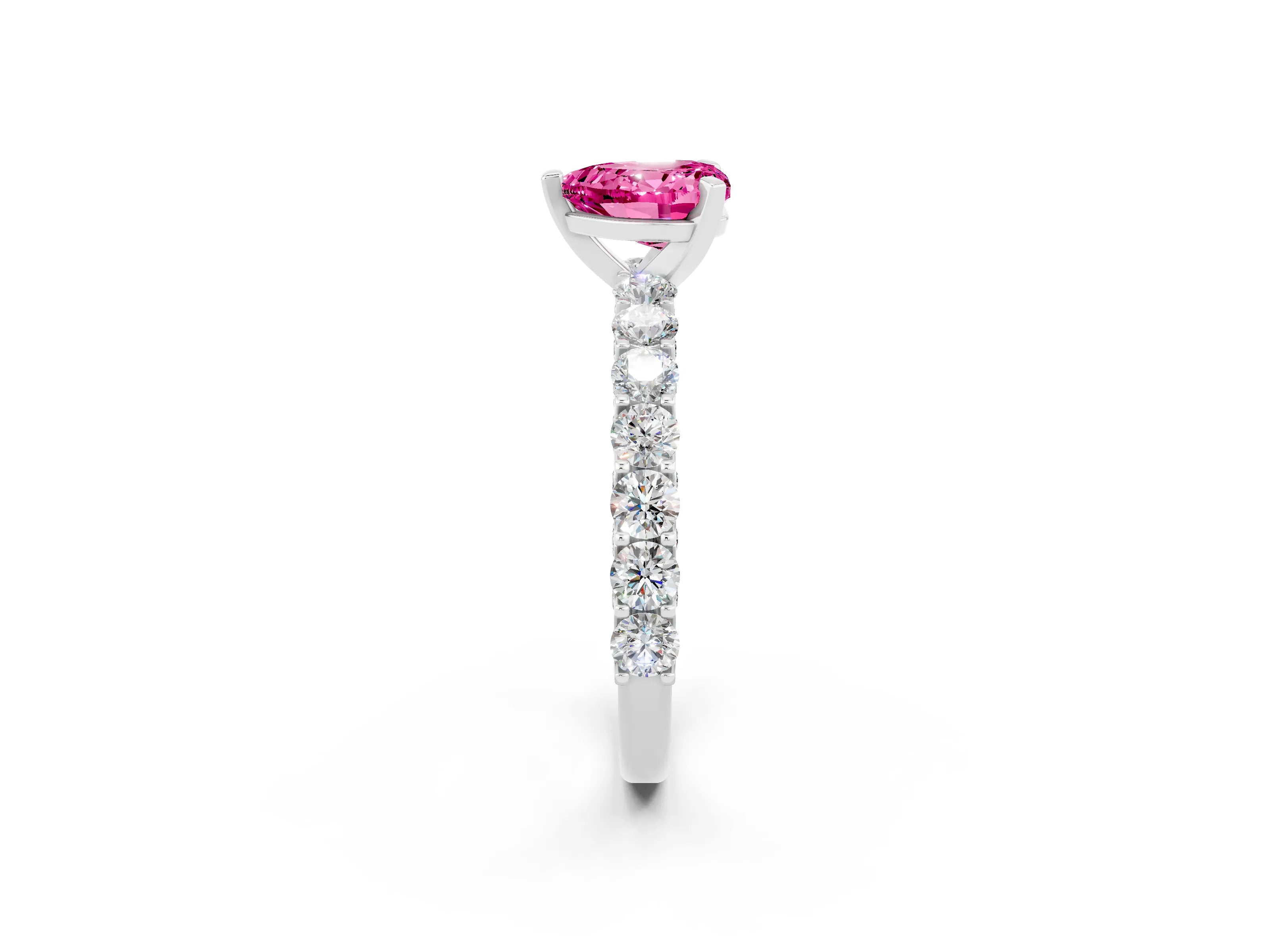 White gold Heart Cut Pink Sapphire Solitaire Ring with Shared Prong Pavé Band and Four-Prong Setting_14