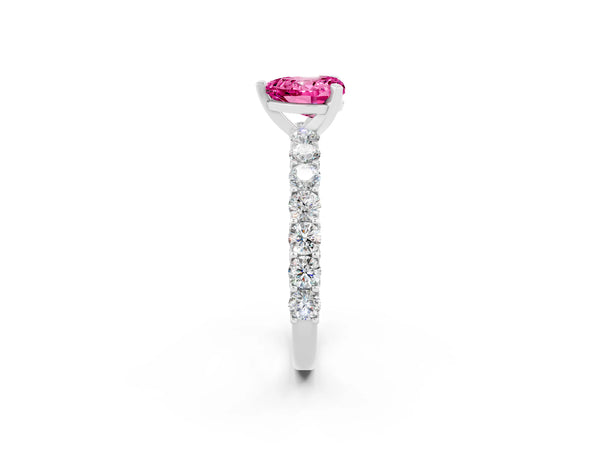 Silver Heart Cut Pink Sapphire Solitaire Ring with Shared Prong Pavé Band and Four-Prong Setting