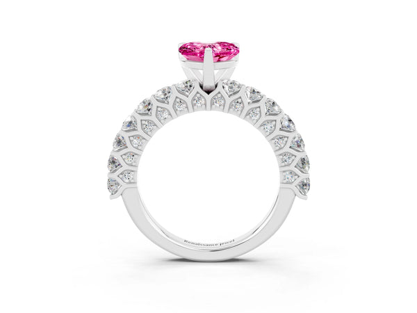 White gold Heart Cut Pink Sapphire Solitaire Ring with Shared Prong Pavé Band and Four-Prong Setting