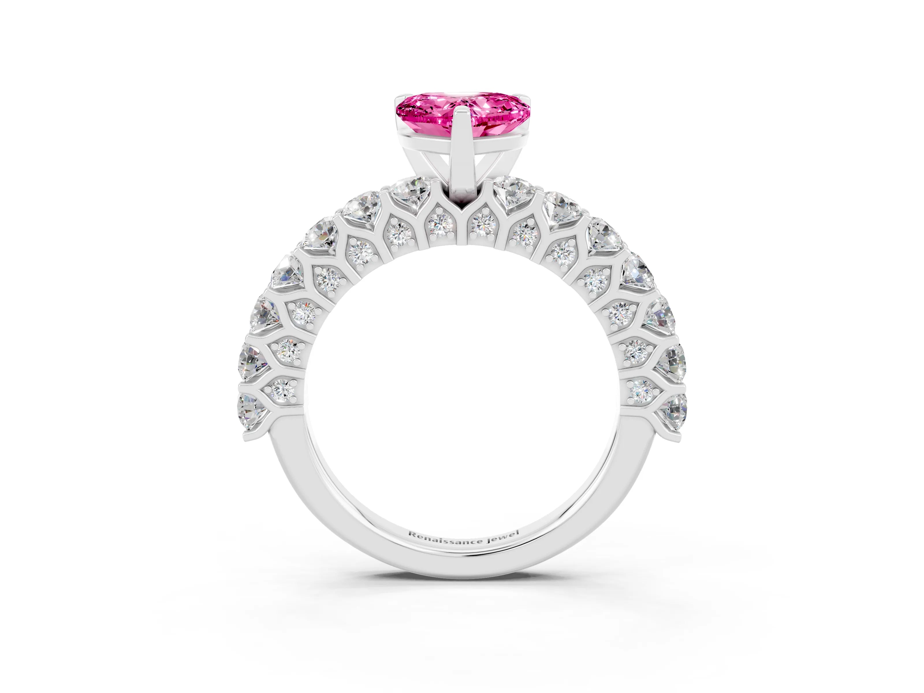 White gold Heart Cut Pink Sapphire Solitaire Ring with Shared Prong Pavé Band and Four-Prong Setting_15