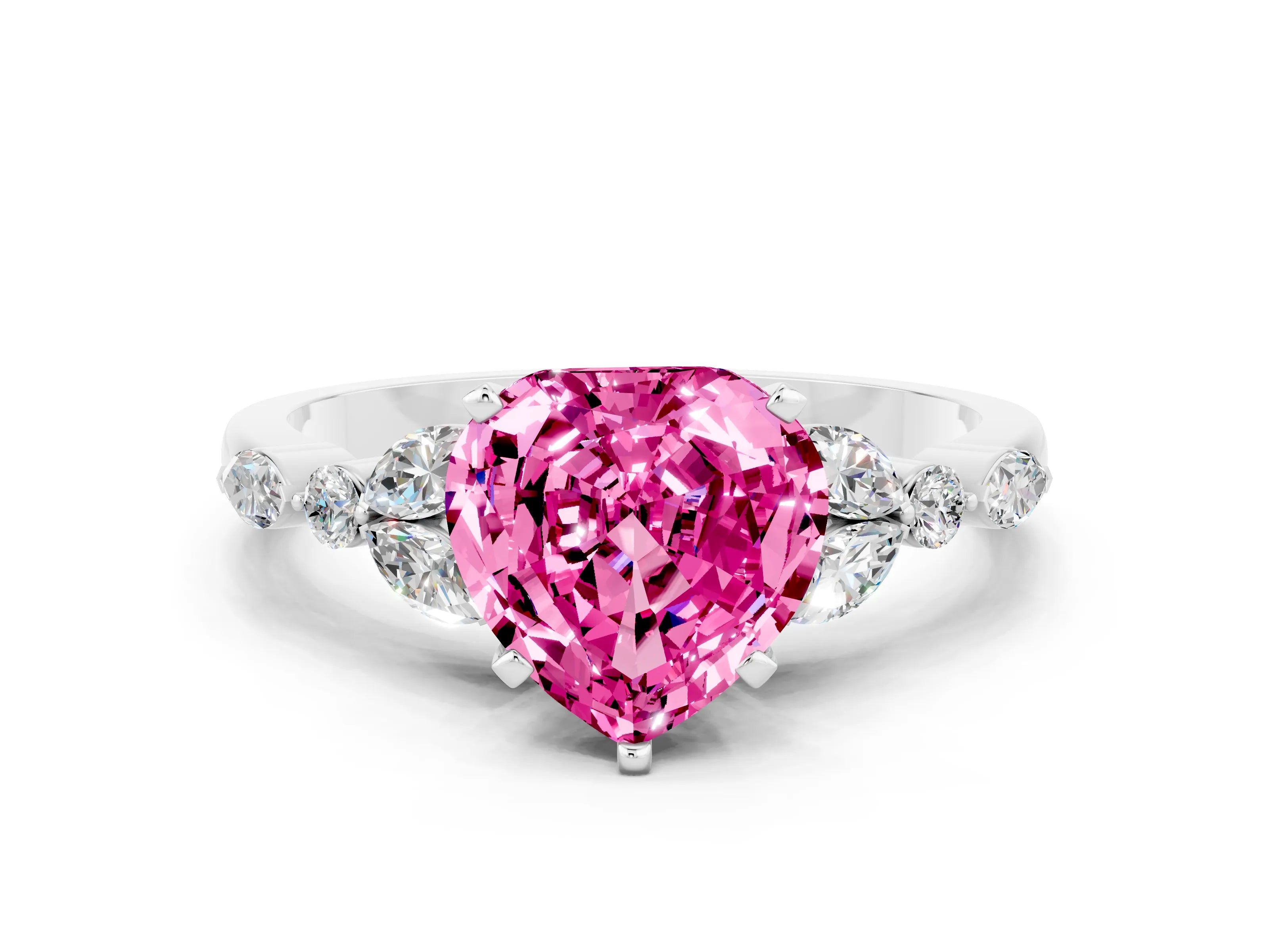 White gold Heart Cut Pink Sapphire Solitaire Ring with Side Stones and Four-Prong Setting_24