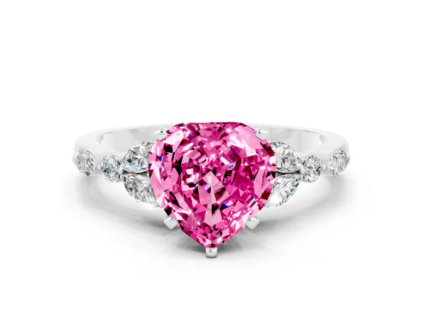 Silver Heart Cut Pink Sapphire Solitaire Ring with Side Stones and Four-Prong Setting