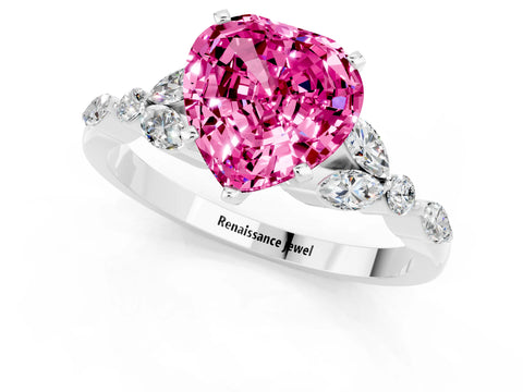 White gold Heart Cut Pink Sapphire Solitaire Ring with Side Stones and Four-Prong Setting_25