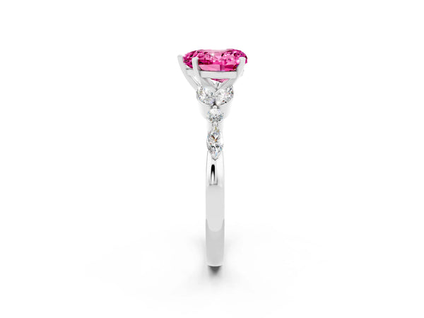 Platinum Heart Cut Pink Sapphire Solitaire Ring with Side Stones and Four-Prong Setting
