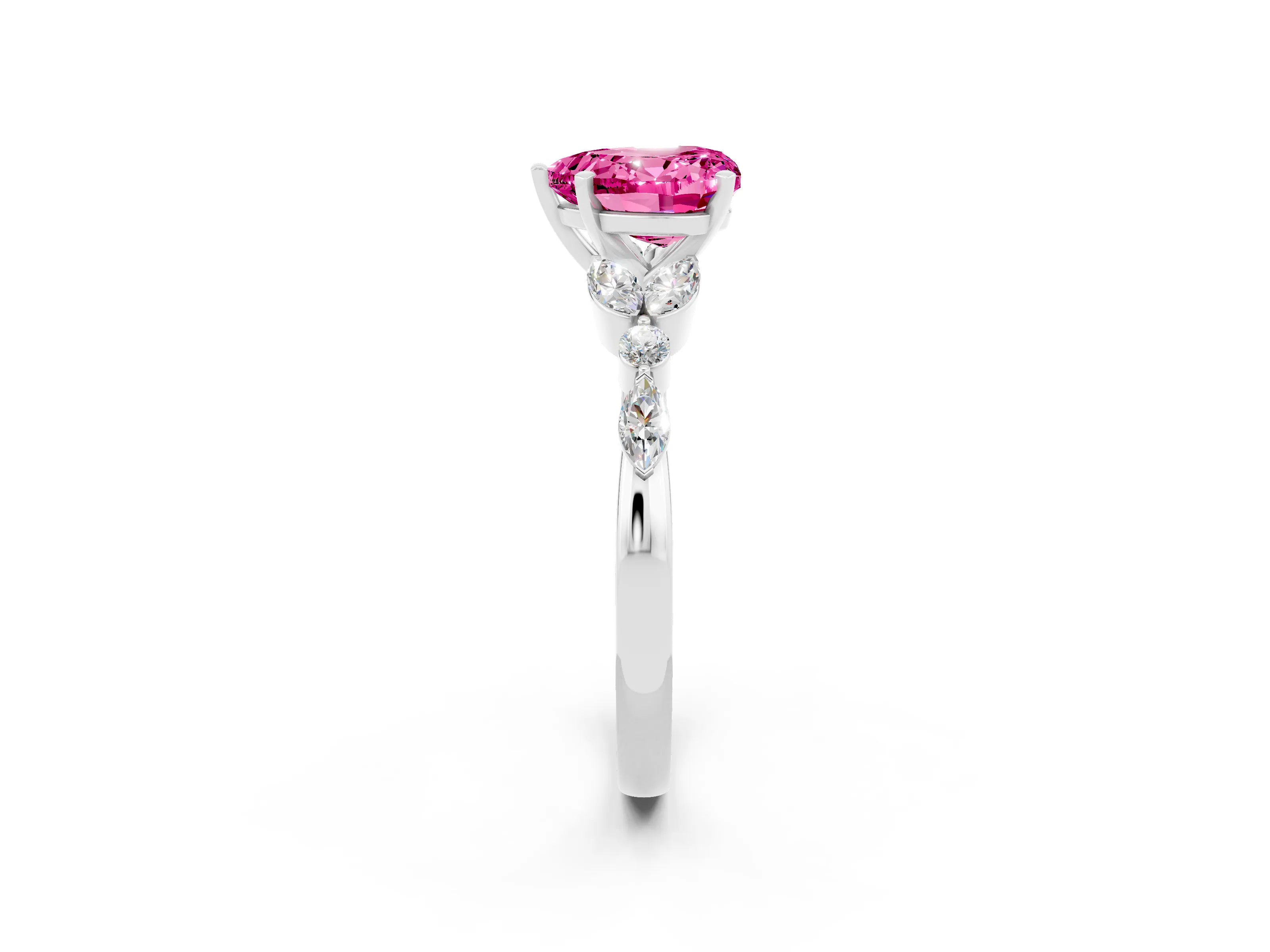 White gold Heart Cut Pink Sapphire Solitaire Ring with Side Stones and Four-Prong Setting_26