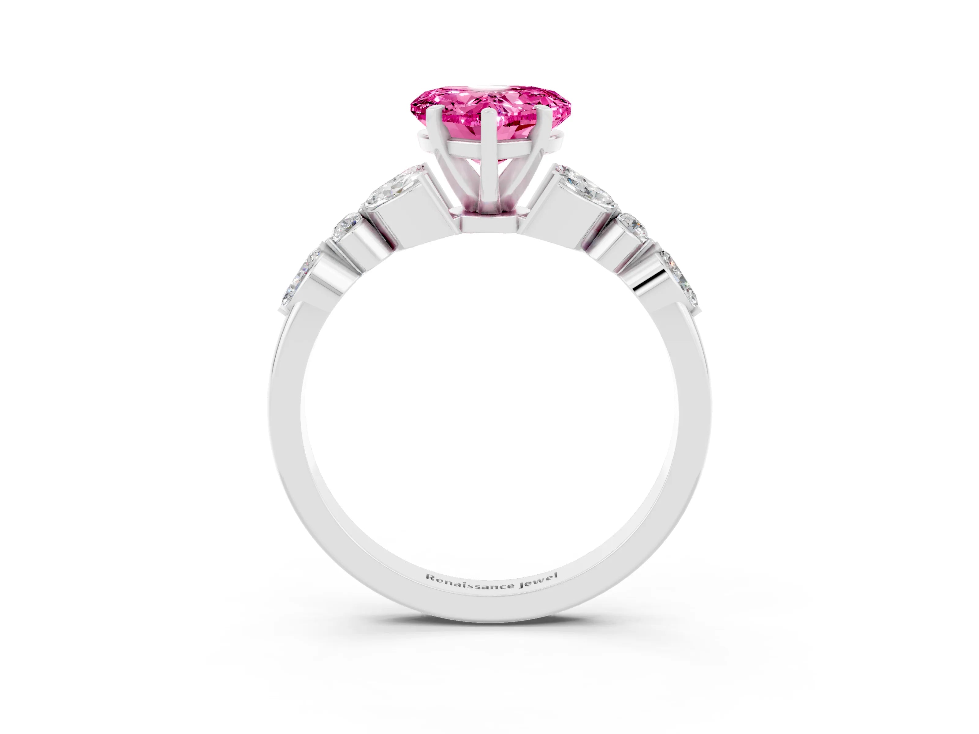 White gold Heart Cut Pink Sapphire Solitaire Ring with Side Stones and Four-Prong Setting_27