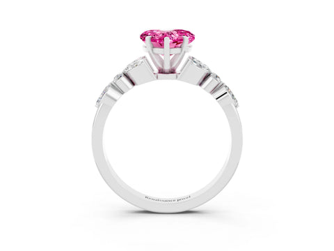 White gold Heart Cut Pink Sapphire Solitaire Ring with Side Stones and Four-Prong Setting_27