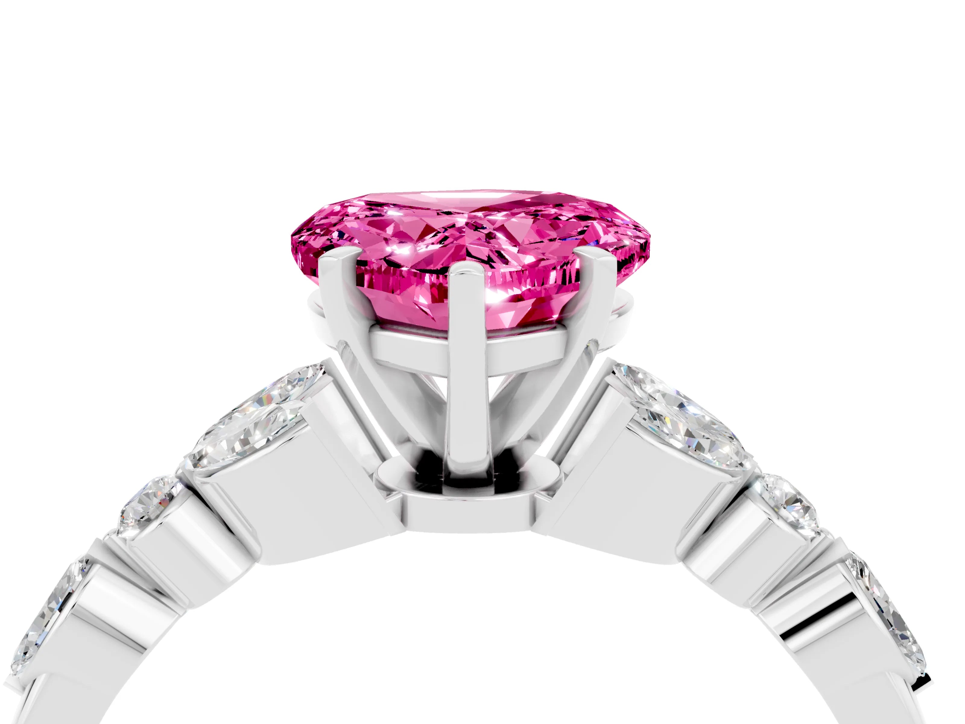 White gold Heart Cut Pink Sapphire Solitaire Ring with Side Stones and Four-Prong Setting_28