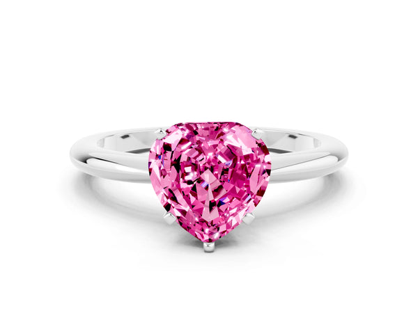 Platinum Heart Cut Pink Sapphire Solitaire Ring with Six-Prong Setting and Classic Band