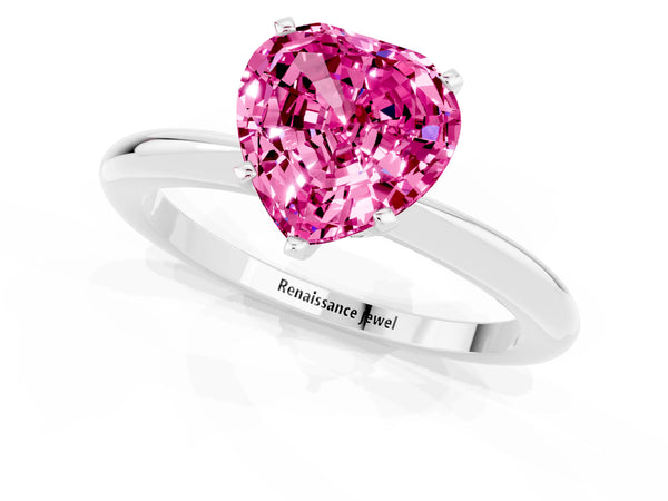 Platinum Heart Cut Pink Sapphire Solitaire Ring with Six-Prong Setting and Classic Band