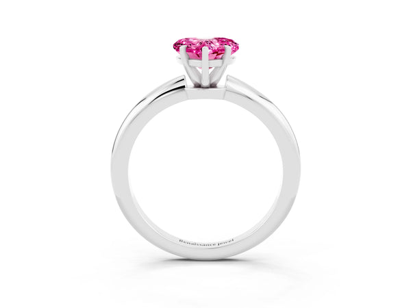 Platinum Heart Cut Pink Sapphire Solitaire Ring with Six-Prong Setting and Classic Band