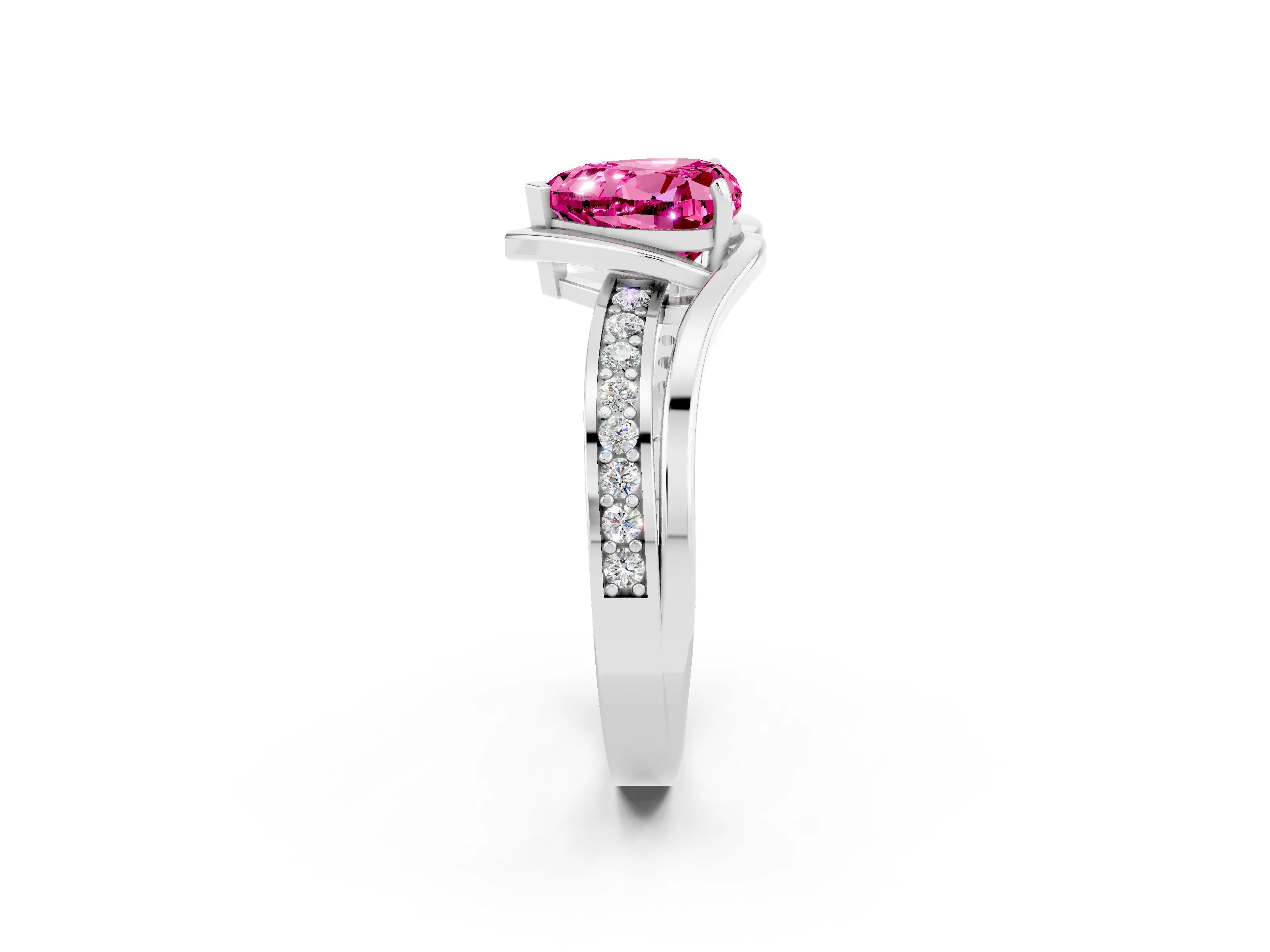 White gold Heart Cut Pink Sapphire Solitaire Ring with Split Shank and Prong Setting_2
