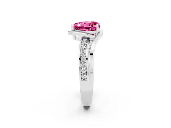Silver Heart Cut Pink Sapphire Solitaire Ring with Split Shank and Prong Setting