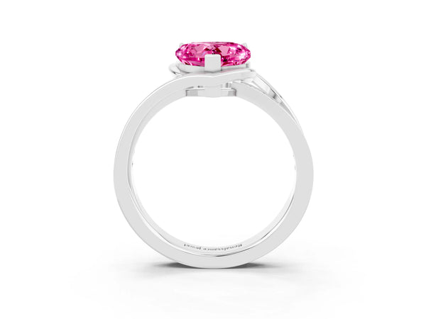 White gold Heart Cut Pink Sapphire Solitaire Ring with Split Shank and Prong Setting
