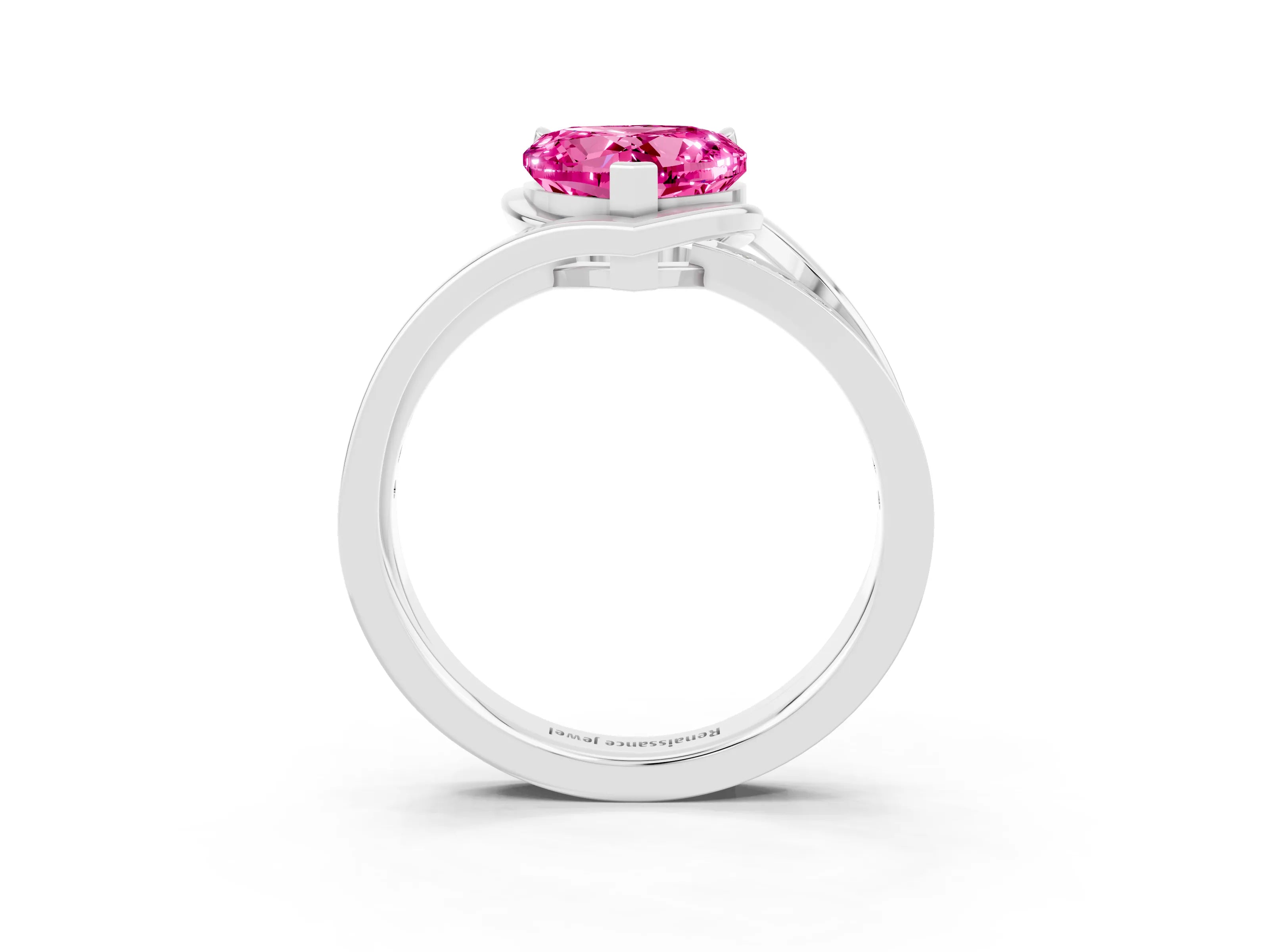 White gold Heart Cut Pink Sapphire Solitaire Ring with Split Shank and Prong Setting_3