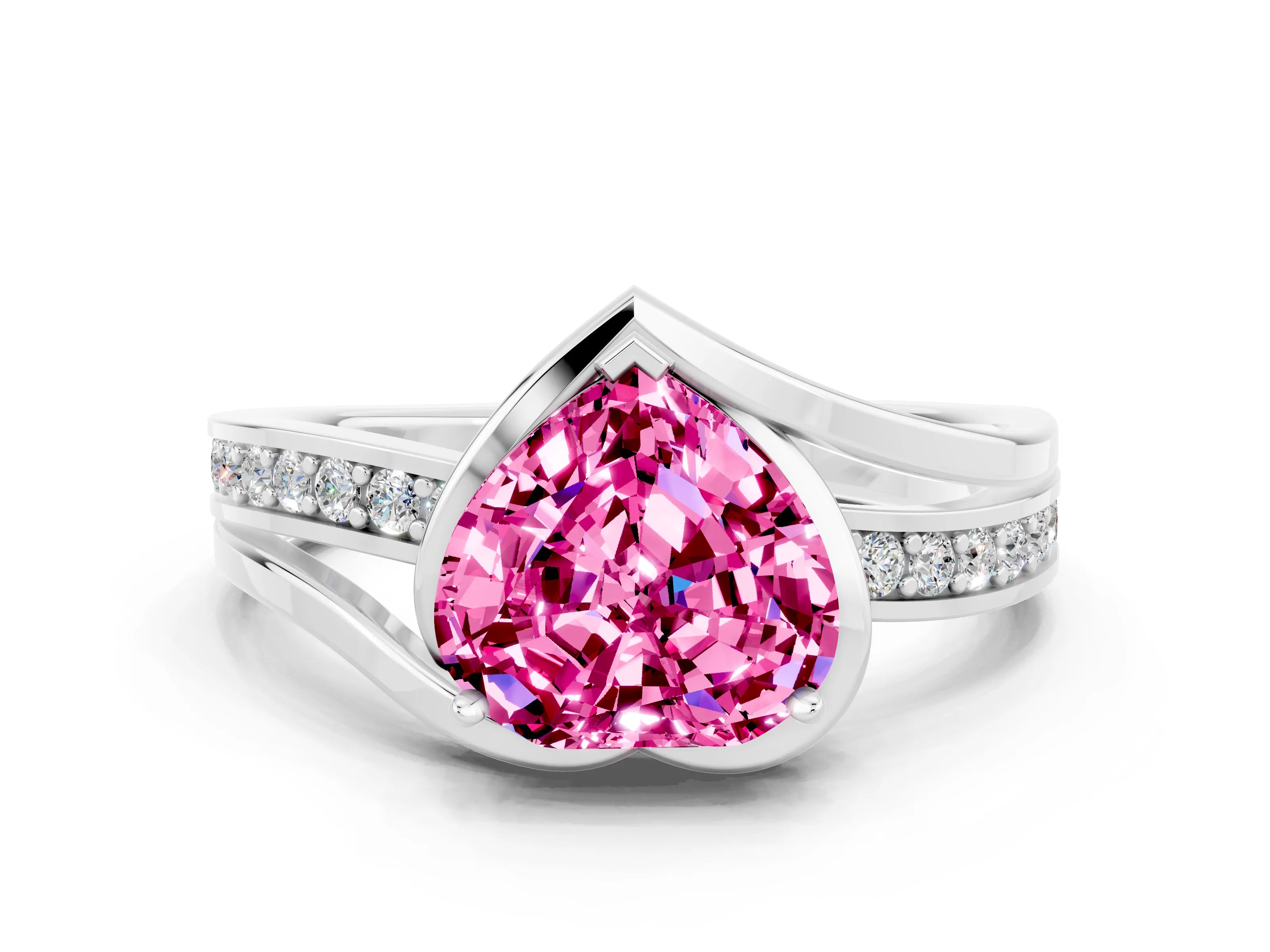 White gold Heart Cut Pink Sapphire Solitaire Ring with Split Shank and Prong Setting