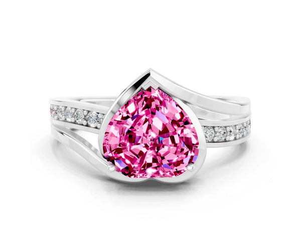 Silver Heart Cut Pink Sapphire Solitaire Ring with Split Shank and Prong Setting