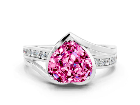 White gold Heart Cut Pink Sapphire Solitaire Ring with Split Shank and Prong Setting