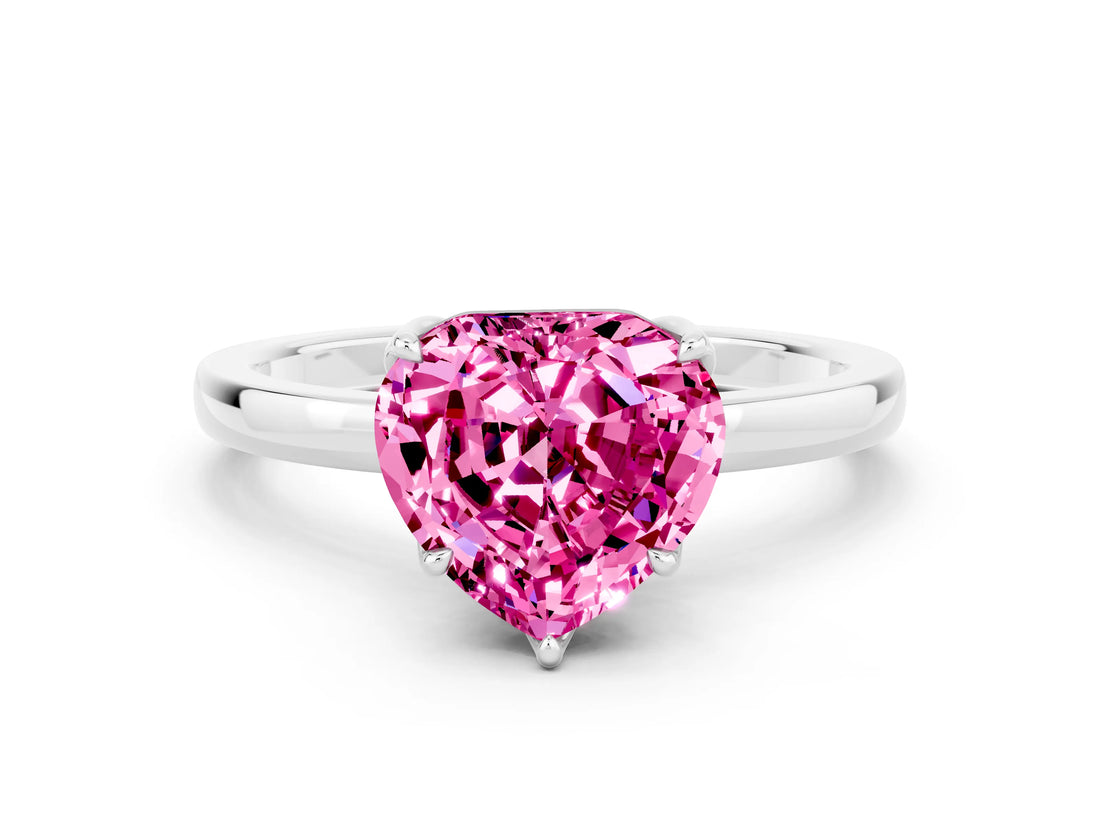 White gold Heart Cut Pink Sapphire Solitaire Ring with Thin Band and Prong Setting_12