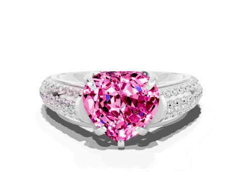 White gold Heart Cut Pink Sapphire Solitaire Ring with Three-Row Pavé Band and Four-Prong Setting_12