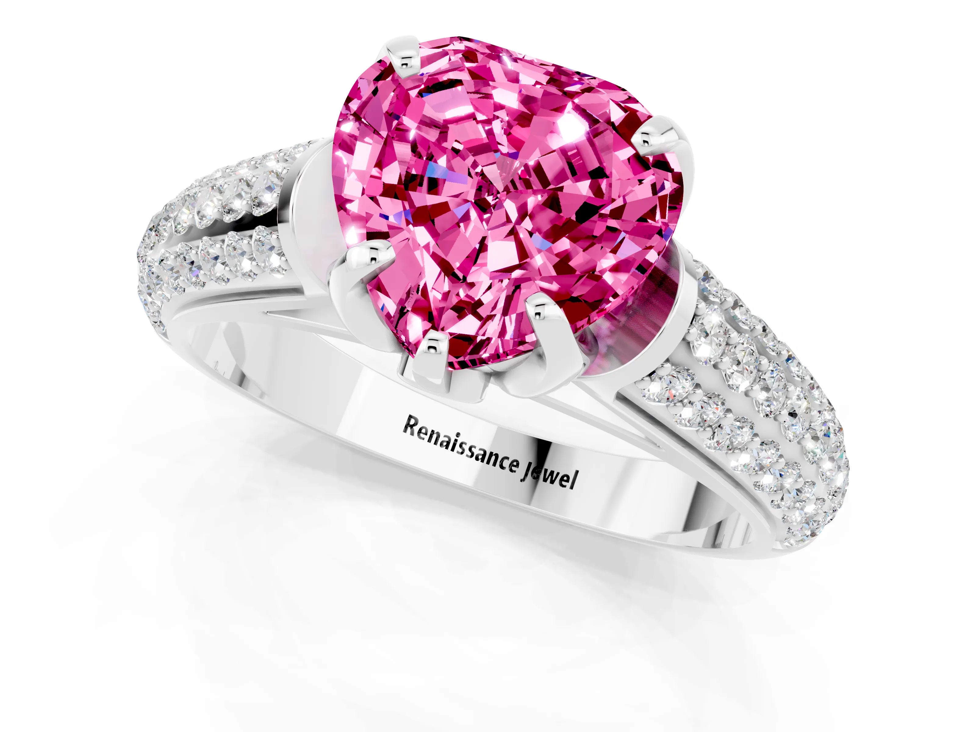 White gold Heart Cut Pink Sapphire Solitaire Ring with Three-Row Pavé Band and Four-Prong Setting_13