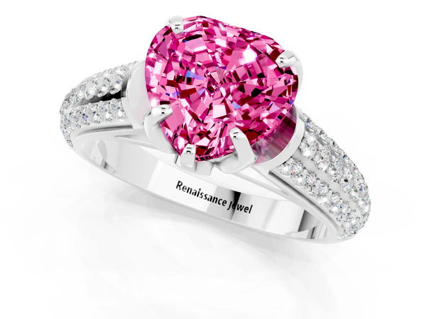 White gold Heart Cut Pink Sapphire Solitaire Ring with Three-Row Pavé Band and Four-Prong Setting
