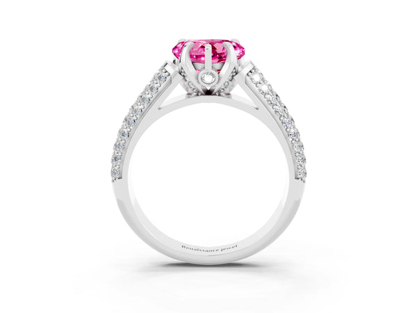 Platinum Heart Cut Pink Sapphire Solitaire Ring with Three-Row Pavé Band and Four-Prong Setting