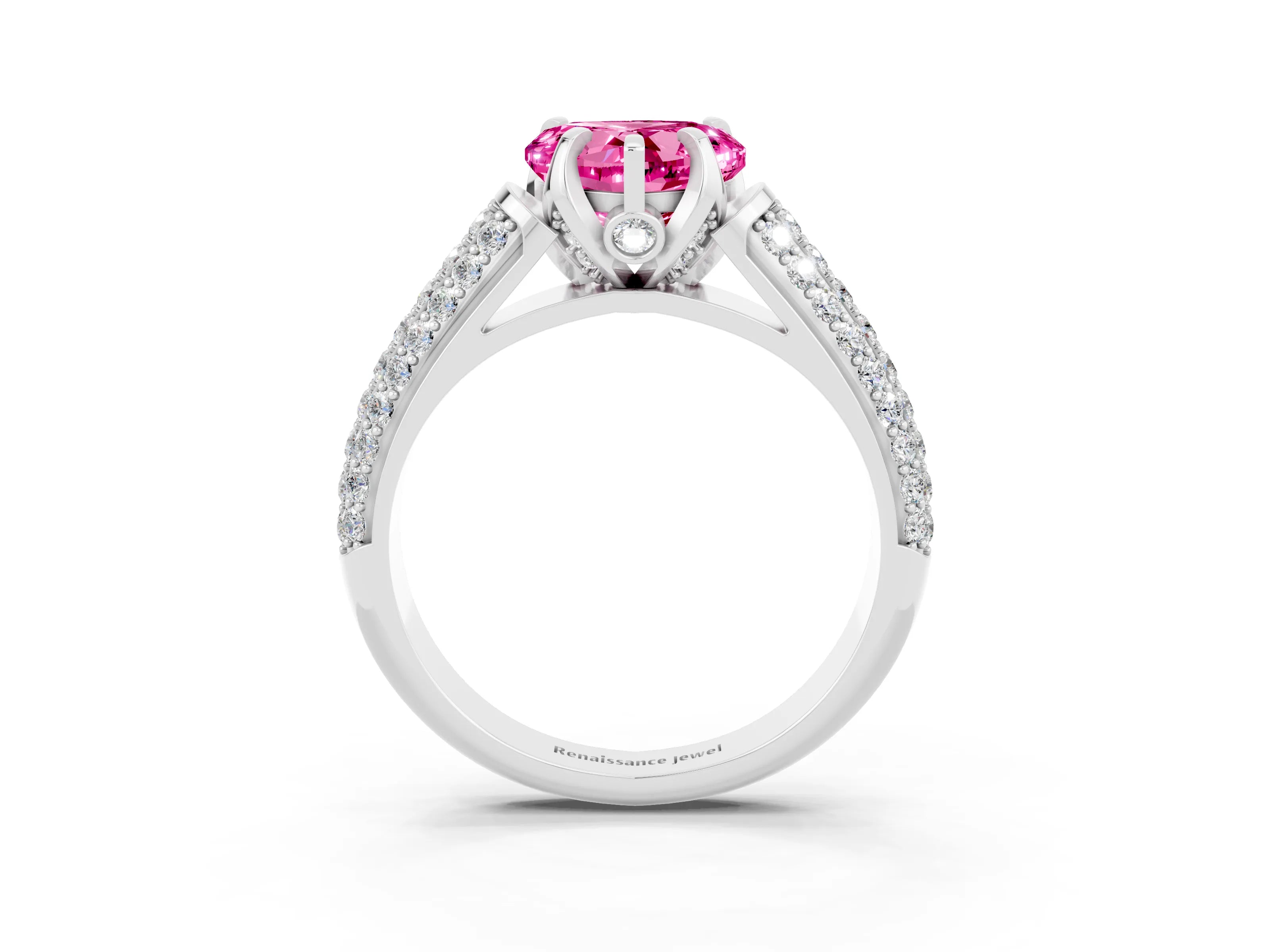 White gold Heart Cut Pink Sapphire Solitaire Ring with Three-Row Pavé Band and Four-Prong Setting_15