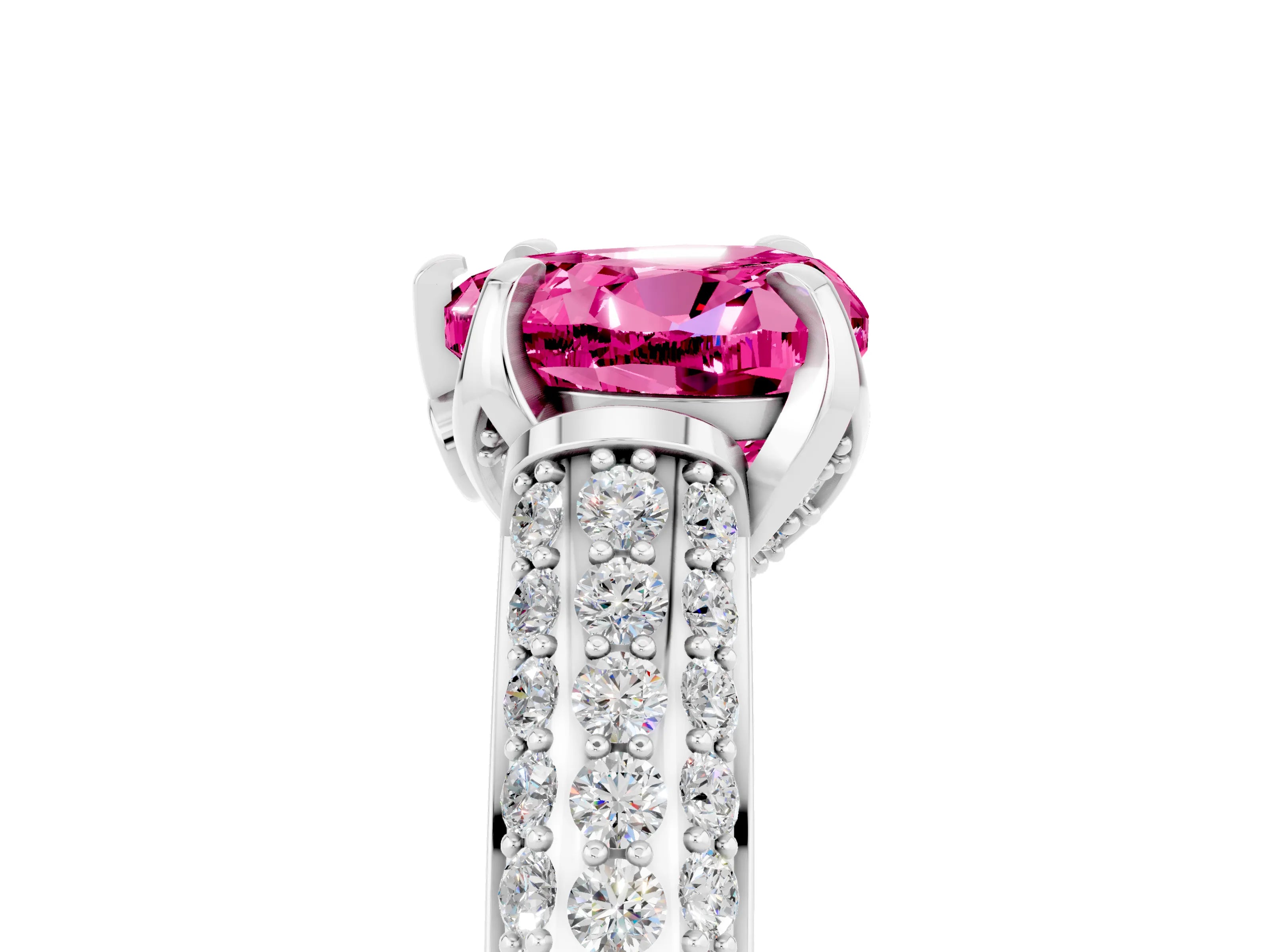 White gold Heart Cut Pink Sapphire Solitaire Ring with Three-Row Pavé Band and Four-Prong Setting_17