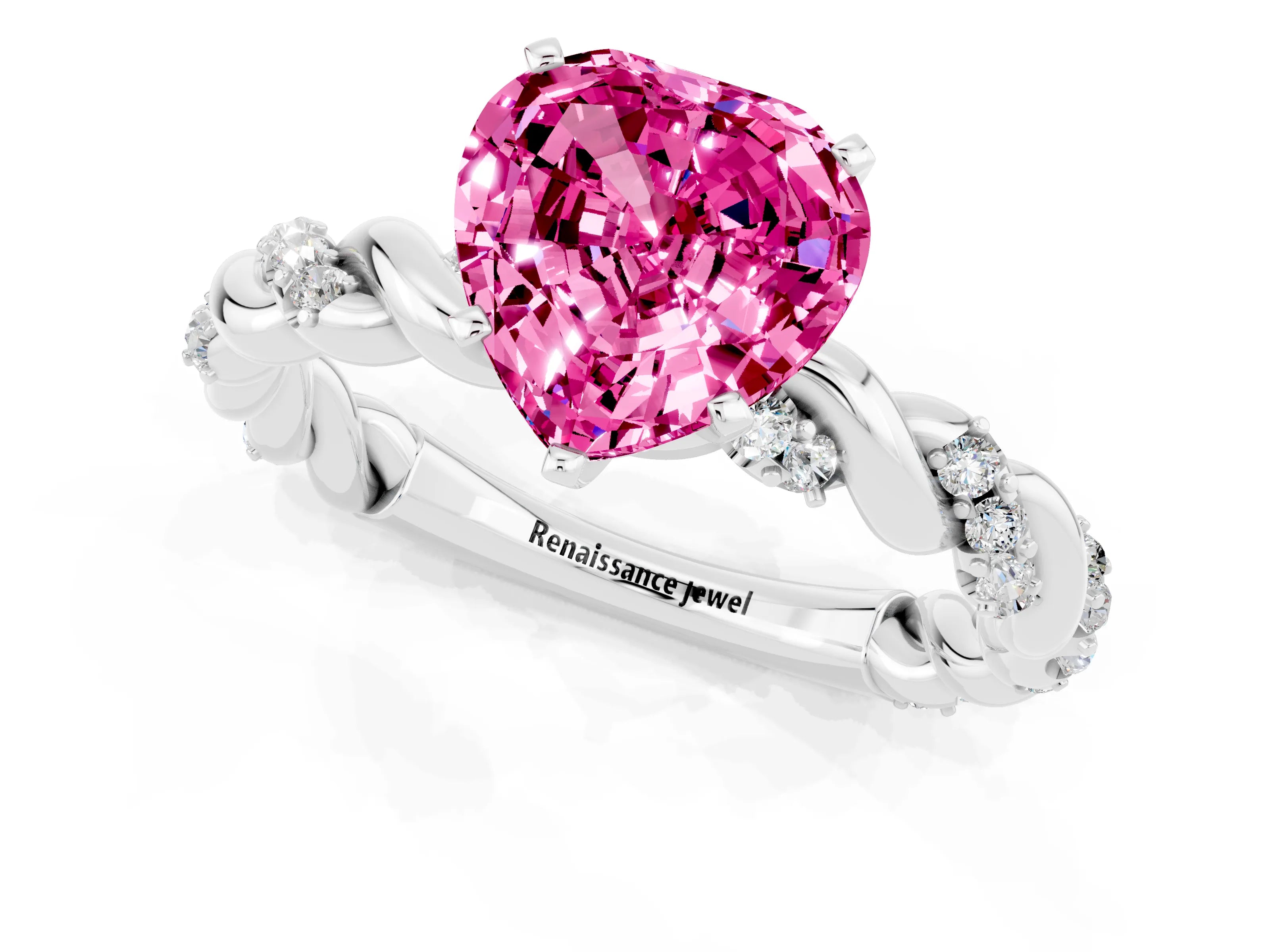 White gold Heart Cut Pink Sapphire Solitaire Ring with Twisted Band and Pavé Accents_1