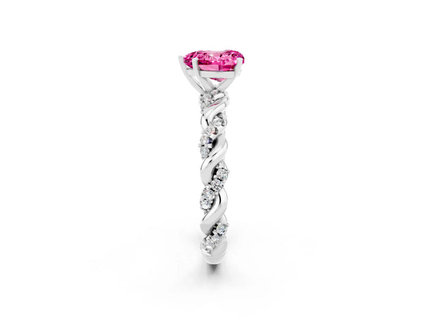 Silver Heart Cut Pink Sapphire Solitaire Ring with Twisted Band and Pavé Accents