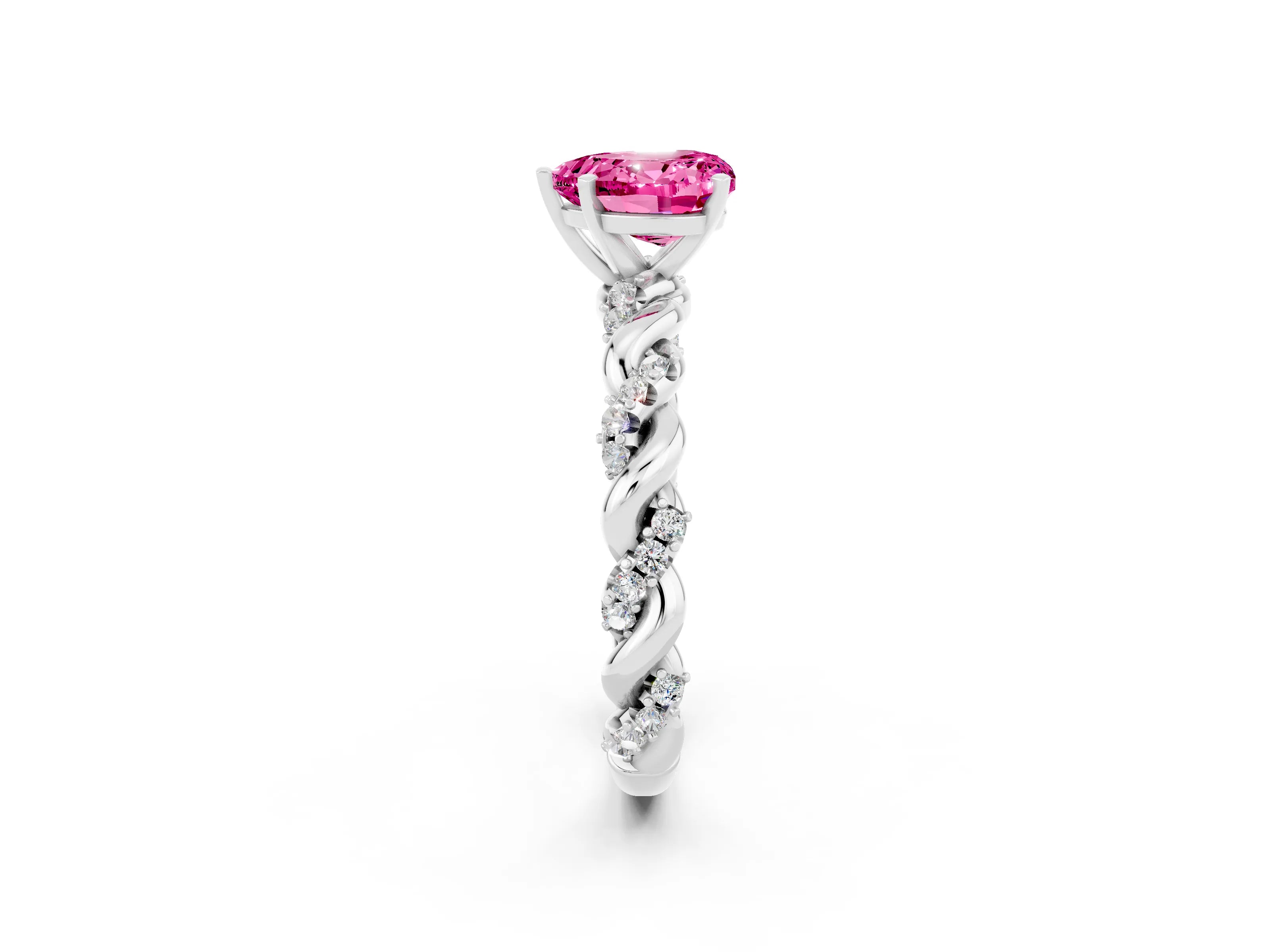 White gold Heart Cut Pink Sapphire Solitaire Ring with Twisted Band and Pavé Accents_2