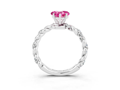 White gold Heart Cut Pink Sapphire Solitaire Ring with Twisted Band and Pavé Accents_3