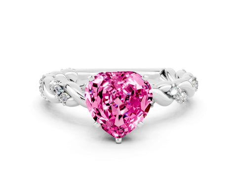 White gold Heart Cut Pink Sapphire Solitaire Ring with Twisted Band and Pavé Accents