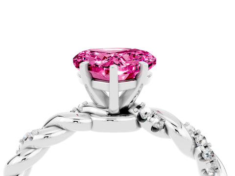 White gold Heart Cut Pink Sapphire Solitaire Ring with Twisted Band and Pavé Accents_4