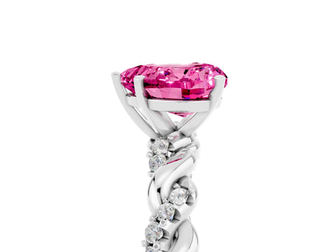 White gold Heart Cut Pink Sapphire Solitaire Ring with Twisted Band and Pavé Accents_5
