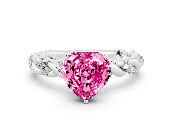 White gold Heart Cut Pink Sapphire Solitaire Ring with Twisted Band and Pavé Accents