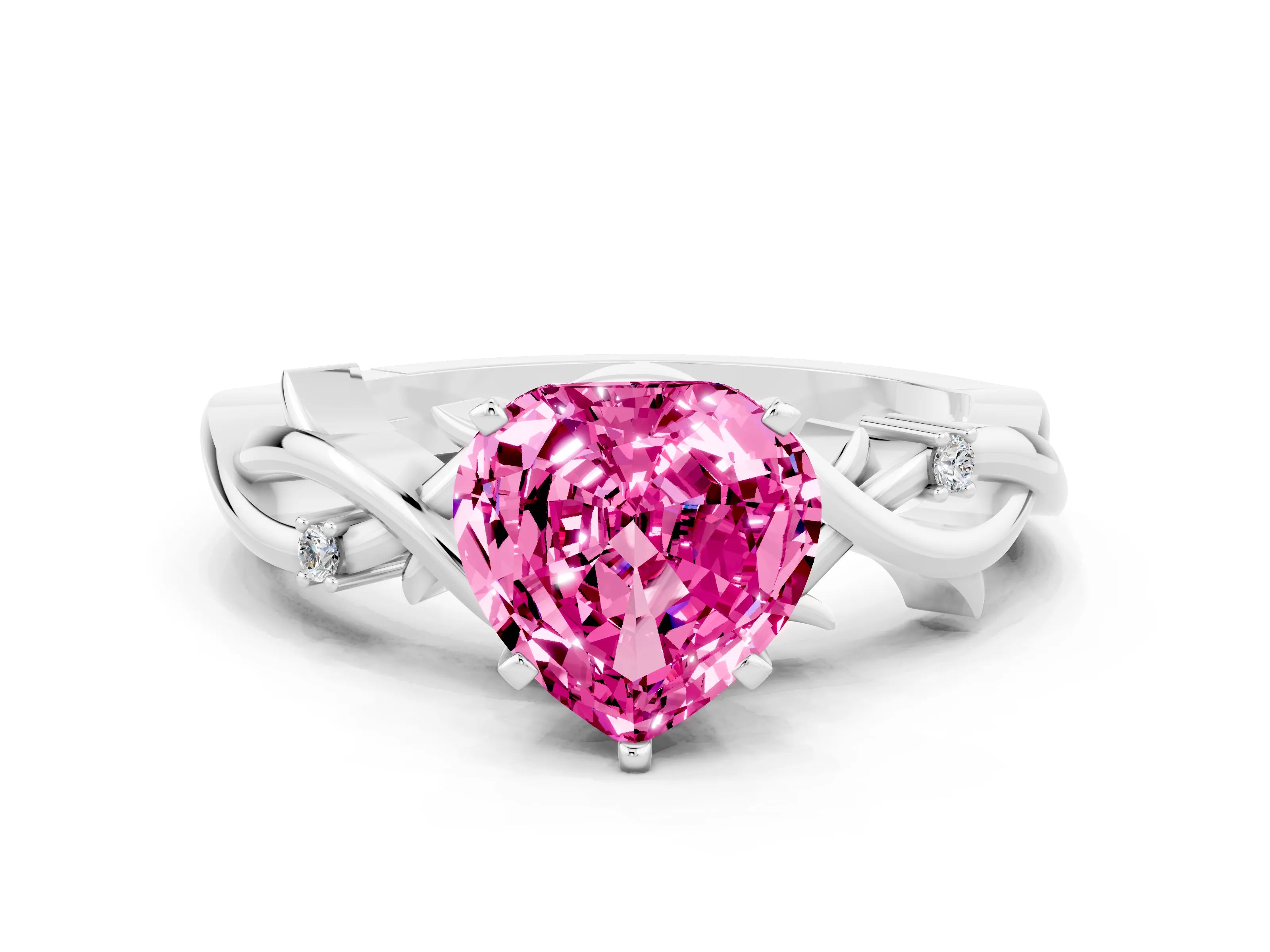 White gold Heart Cut Pink Sapphire Solitaire Ring with Twisted Band and Prong Setting_12