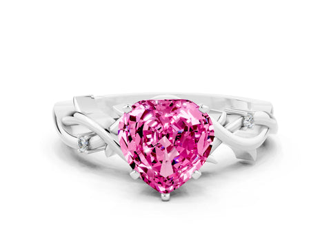 White gold Heart Cut Pink Sapphire Solitaire Ring with Twisted Band and Prong Setting_12