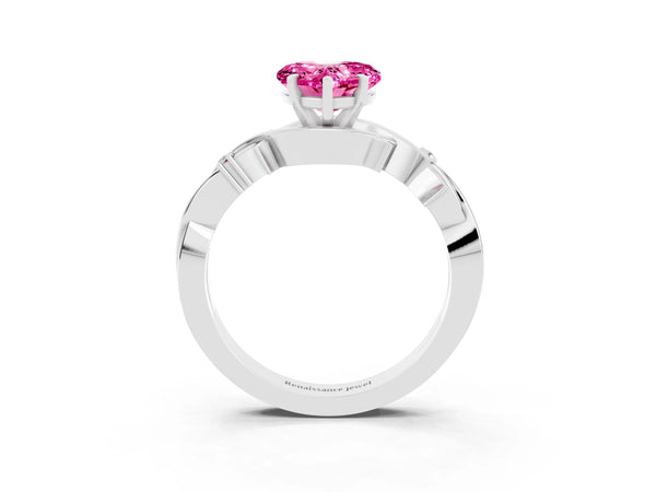 White gold Heart Cut Pink Sapphire Solitaire Ring with Twisted Band and Prong Setting