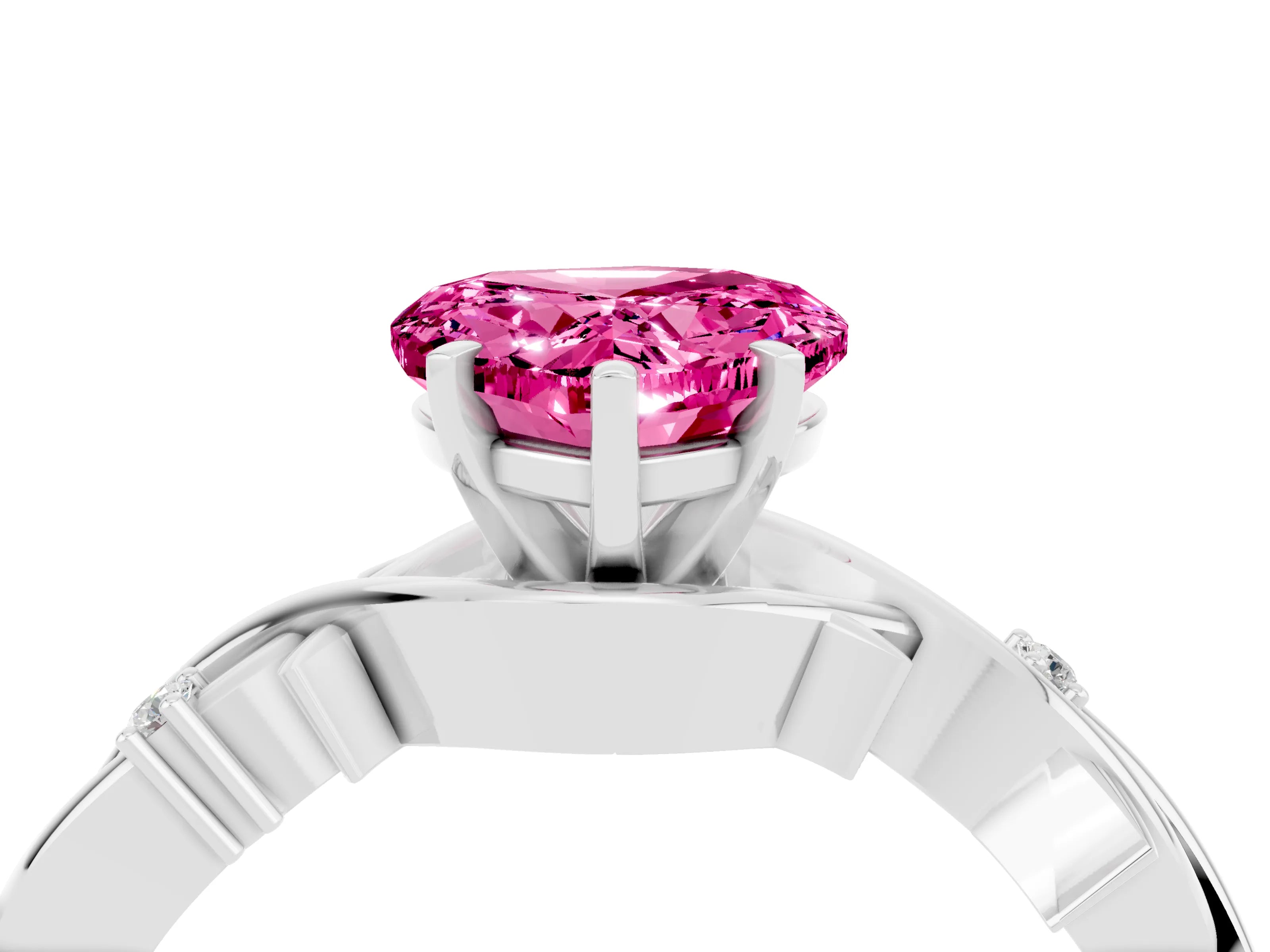 White gold Heart Cut Pink Sapphire Solitaire Ring with Twisted Band and Prong Setting_16