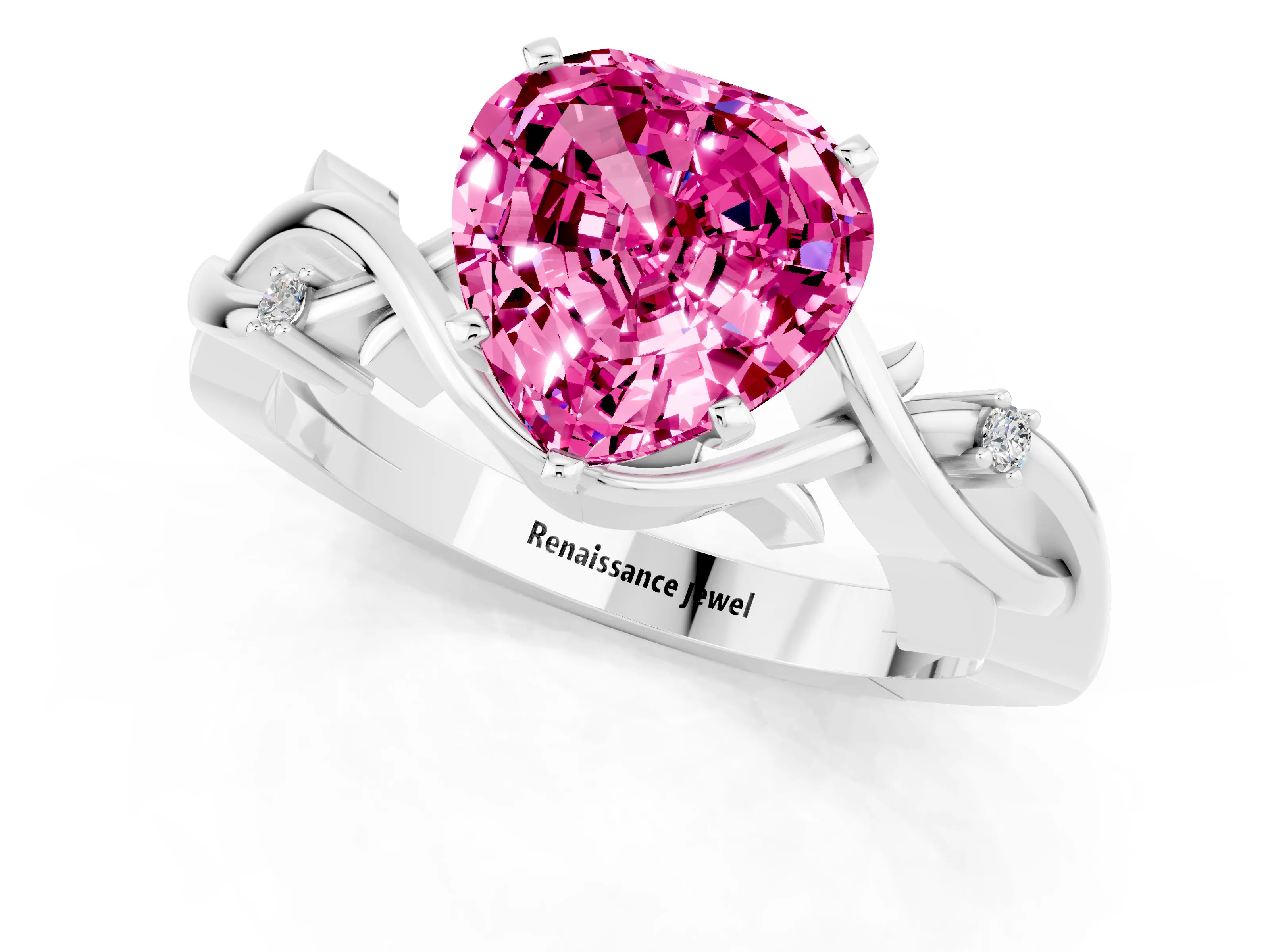 White gold Heart Cut Pink Sapphire Solitaire Ring with Twisted Band and Prong Setting_1
