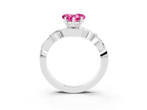 White gold Heart Cut Pink Sapphire Solitaire Ring with Twisted Band and Prong Setting_3